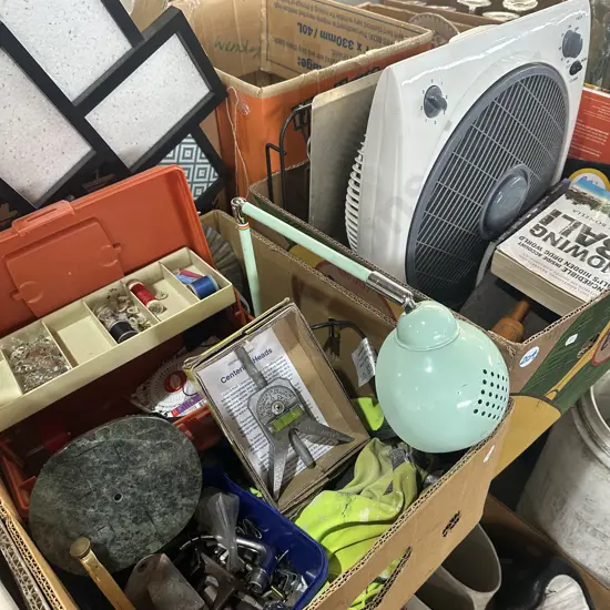 Two boxes sewing kit, curv-o-mark tool, fan and books etc.