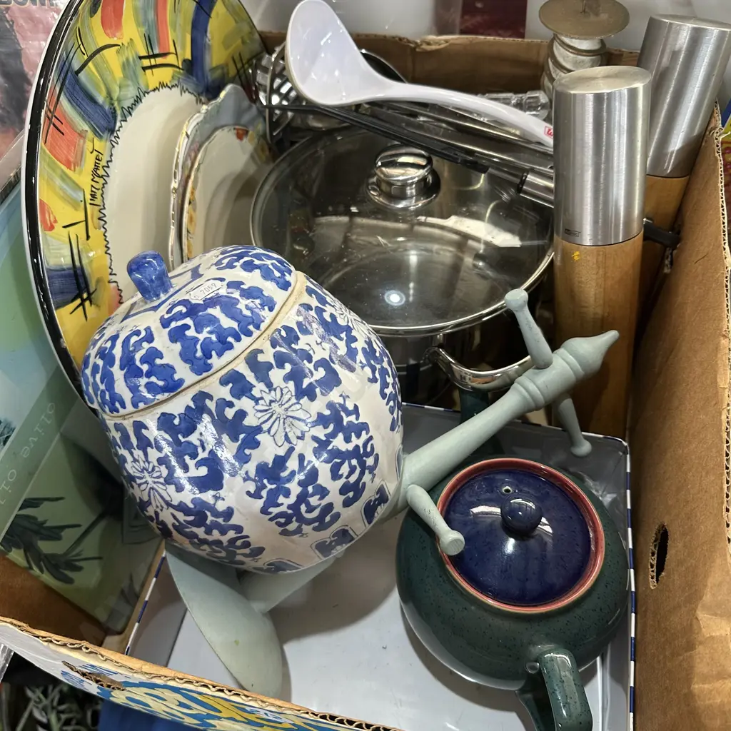 Box lot Italian platter, stock pot, english china plates, blue and white ginger jar etc. Image 1++