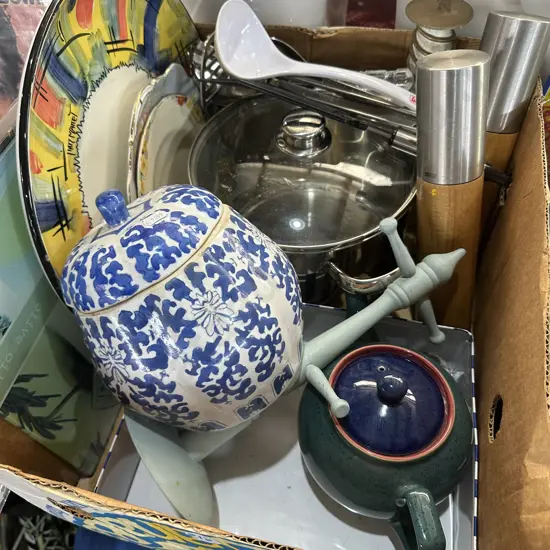 Box lot Italian platter, stock pot, english china plates, blue and white ginger jar etc.