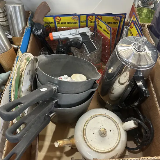Box lot coffee jug, cap guns and ring caps plus saucepans etc.