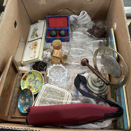 Box lot brass dinner gong, Chinese massage balls, trinket box etc.