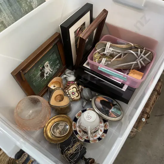 Bin of collectables, picture and frames .