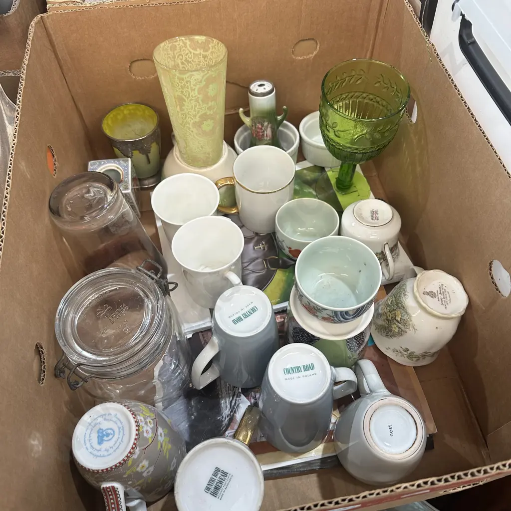 Box lot cups, glasses, canister etc. Image 1++