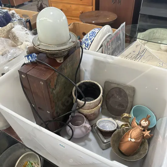 Bin of planters, photo frames, lamp etc