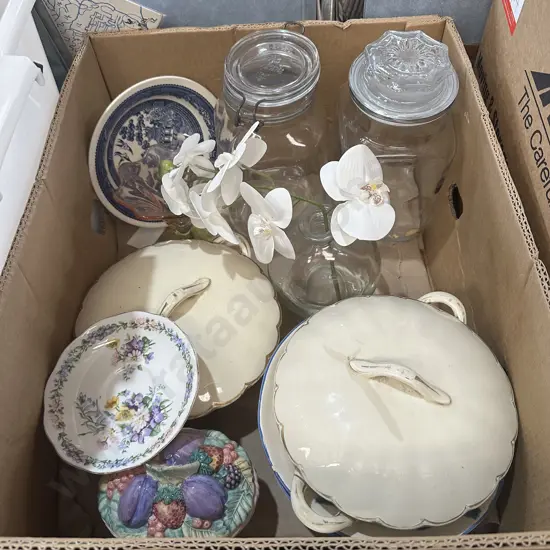 Box lot soup terrines, blue and white willow bowl, glass canisters, artificial white orchid etc.