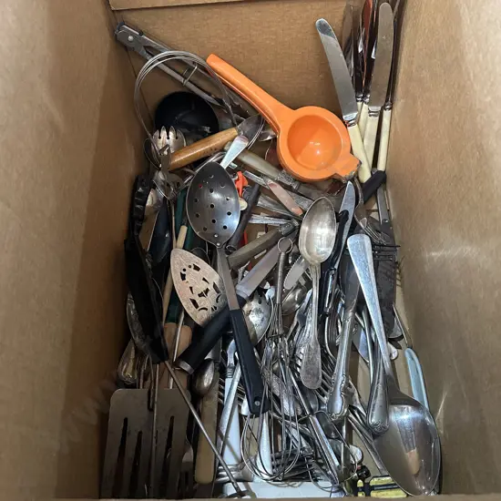 Box lot of cutlery including bone handled knives and silverware plus utensils.
