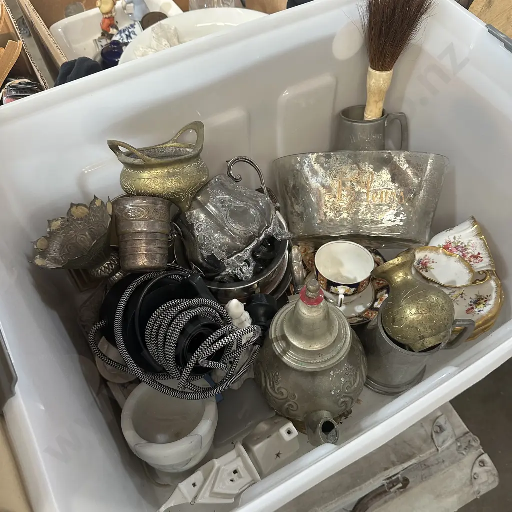 Bin of collectables including solid brass antique Chinese  incense burner, silverware etc. Image 1++