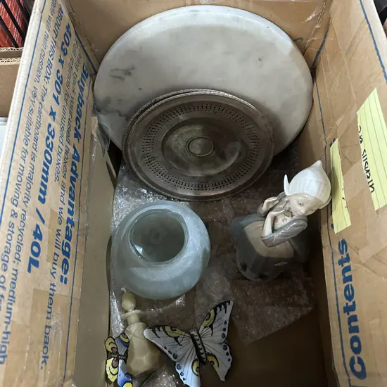 Box lot marble, antique silver epns plates, LLadro with small break etc.