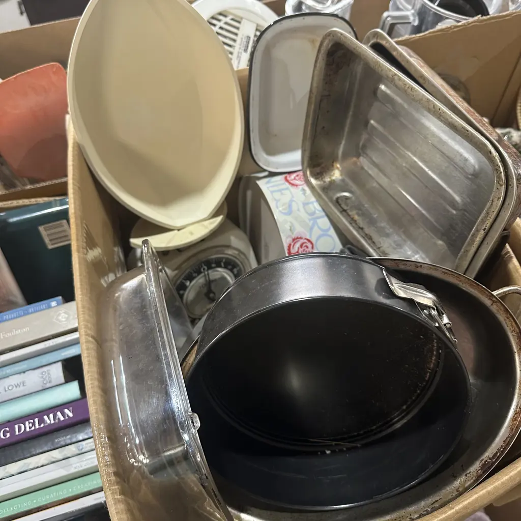 Box lot vintage scales and bakeware etc. Image 1++