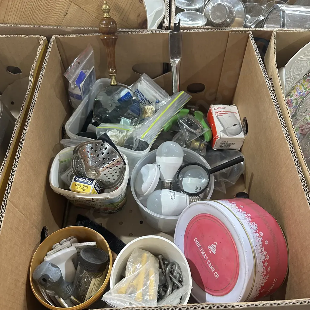 Box lot of hardware and curtain accessories plus magnifying glasses etc. Image 1++