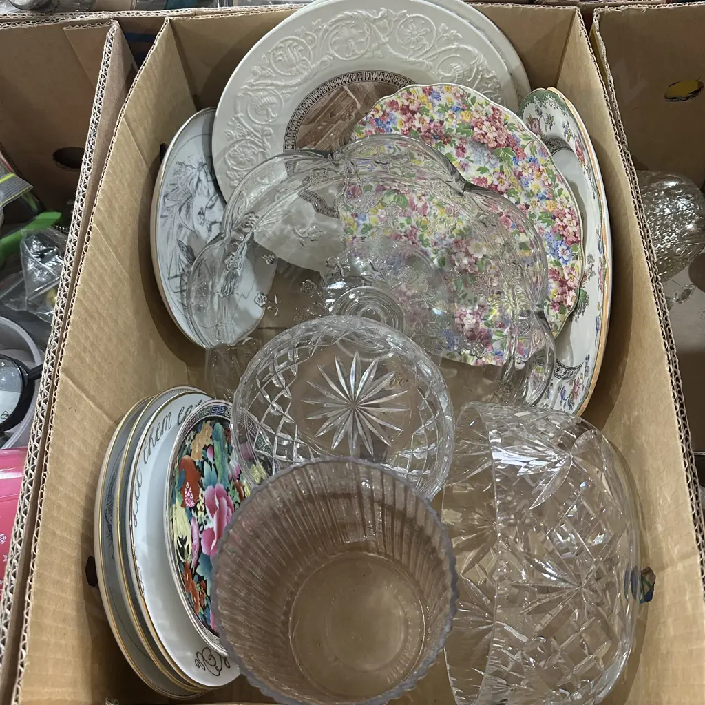 Box lot glass cake stand, collectors plates and crystal bowls etc. Image 1++
