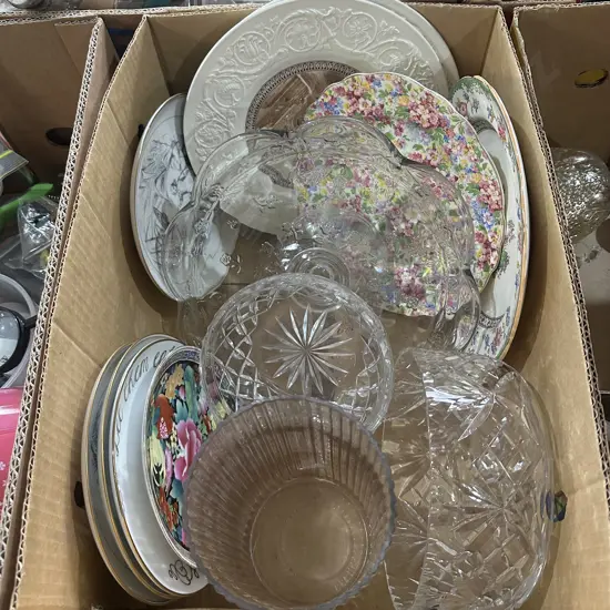 Box lot glass cake stand, collectors plates and crystal bowls etc.