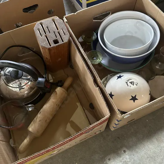 Two boxes large bowls, glass measuring jug, electric kettle etc.