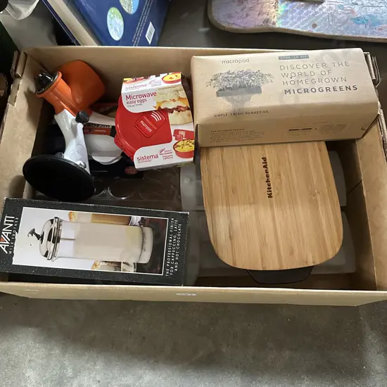 Box lot KitchenAid lidded dish plus new micropod starter kit etc.