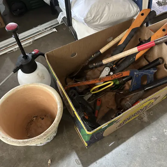 Box of gardening tools, planter plus Solo house plant water sprayer.