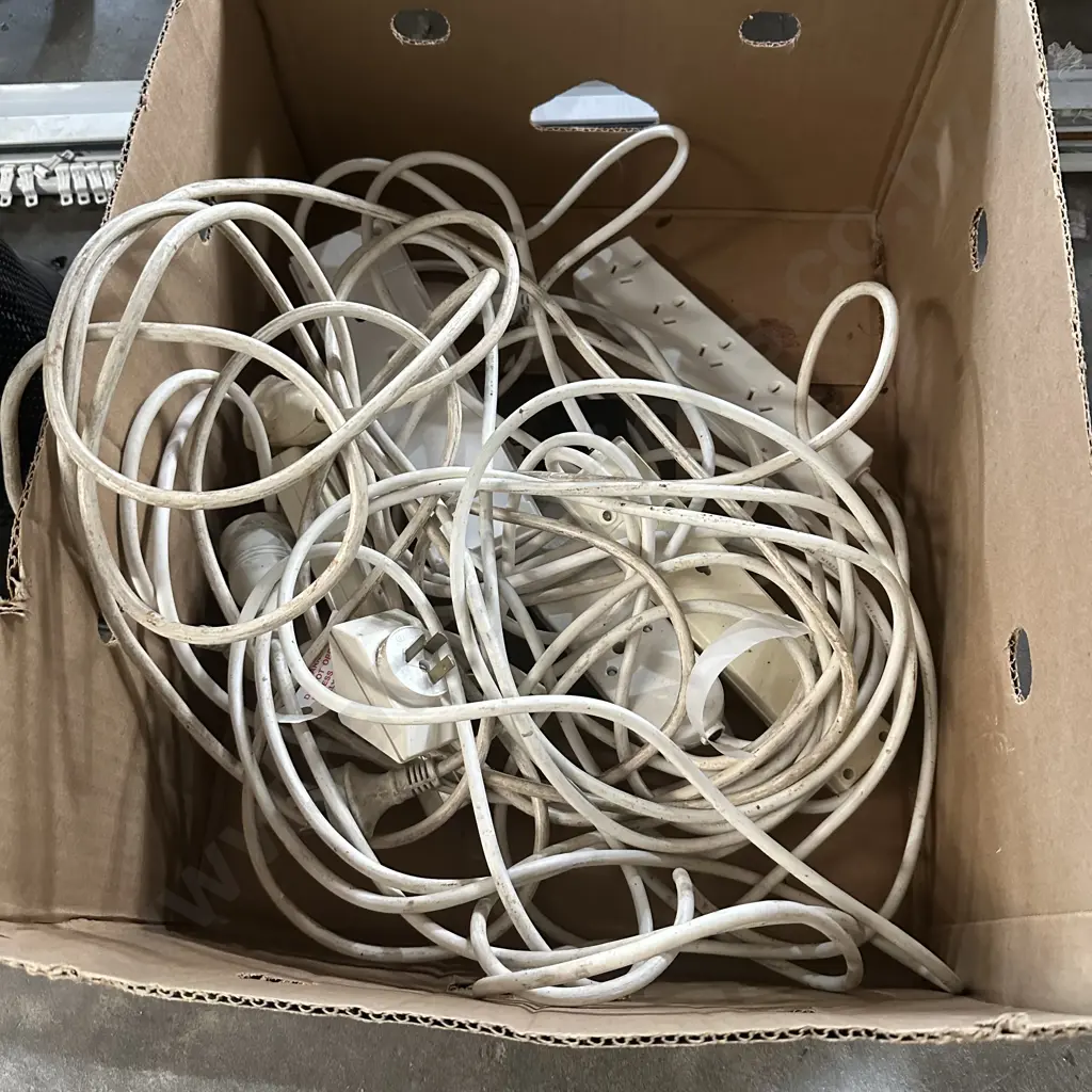 Box of extension leads and four way socket boards. Image 1++