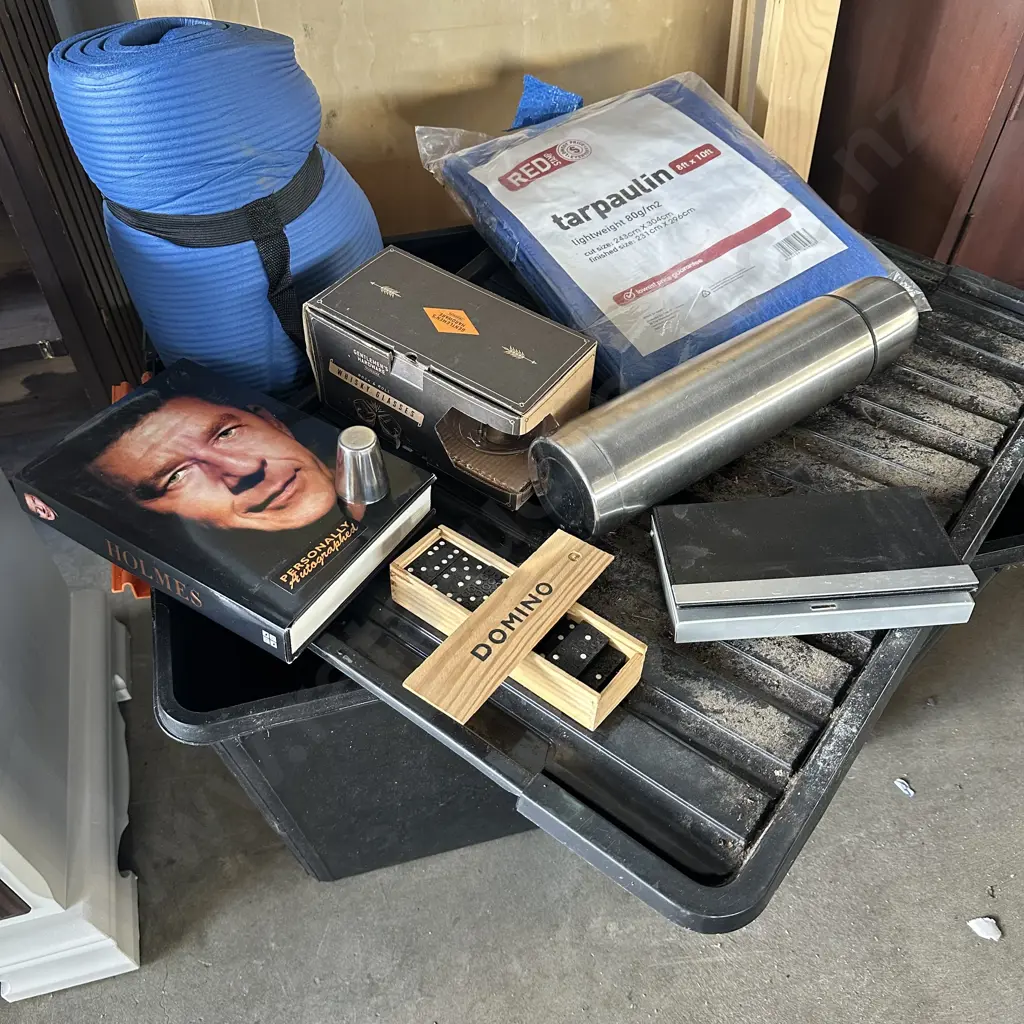 bin of tarp, thermos, yoga mat etc Image 1++
