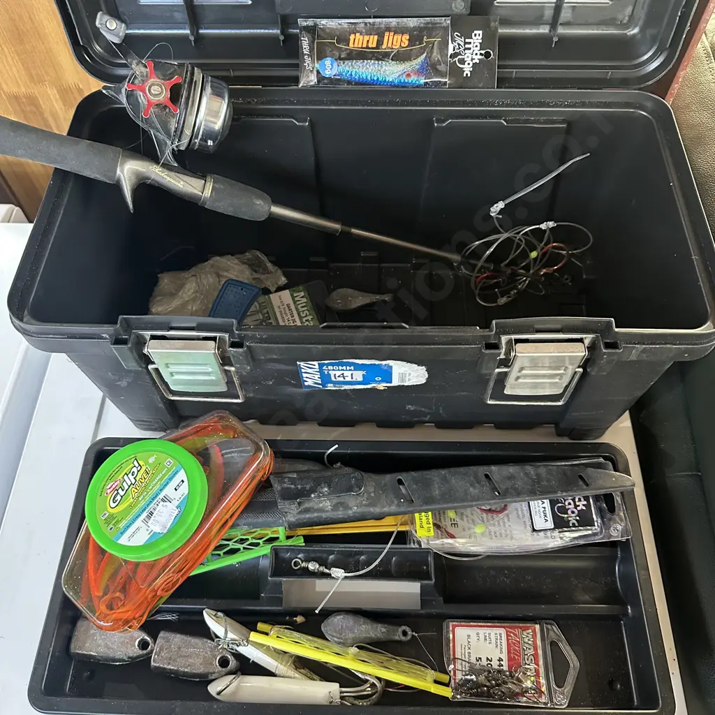 tackle box, rod and baits, weights etc Image 1++