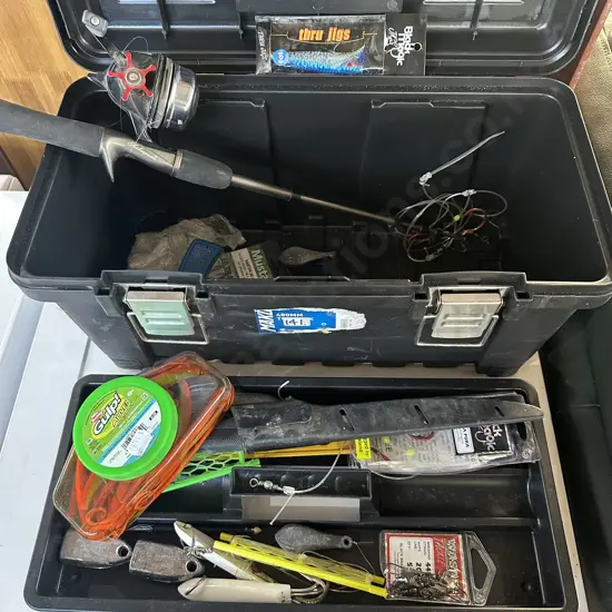 tackle box, rod and baits, weights etc