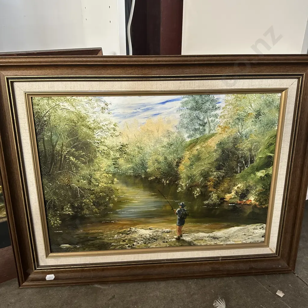Oil painting by Elsie Broad "Manawatu River with Fisherman", plus other Oak framed painting Image 1++