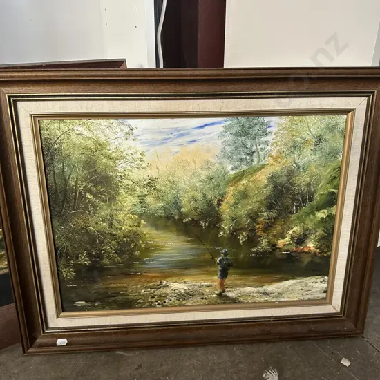 Oil painting by Elsie Broad "Manawatu River with Fisherman", plus other Oak framed painting