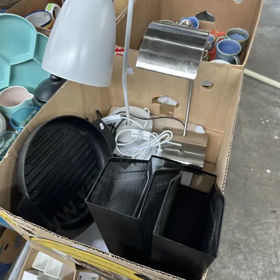 Two lamps and cast iron grill pan etc.