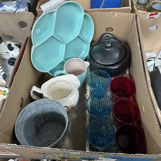Box lot including English Poole china, lidded bowl etc.