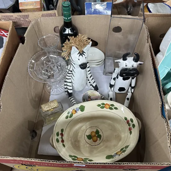 Box lot Titian Ware, crystal vases etc.