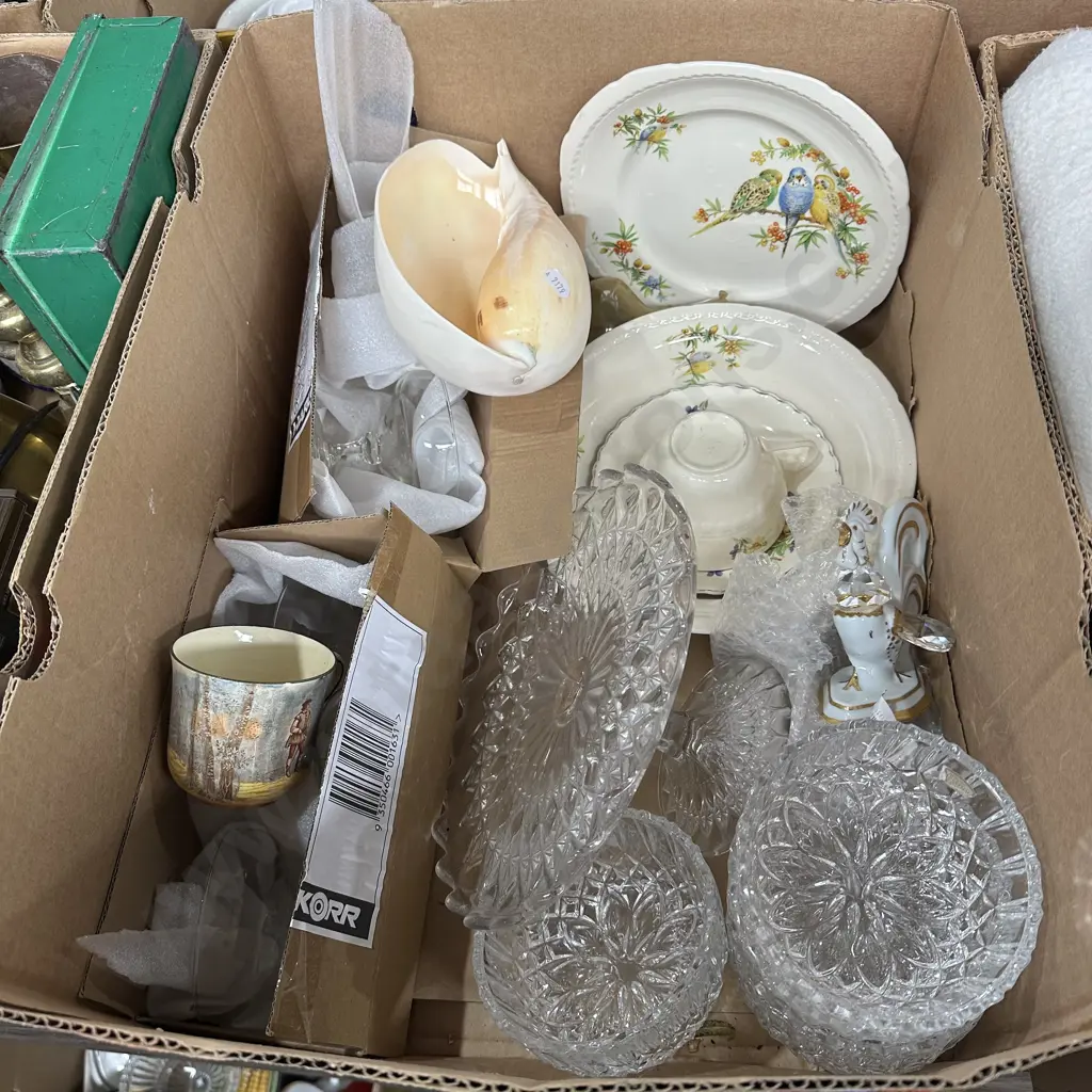 Box lot cake stand, crystal, china plates and Royal Doulton cup etc. Image 1++