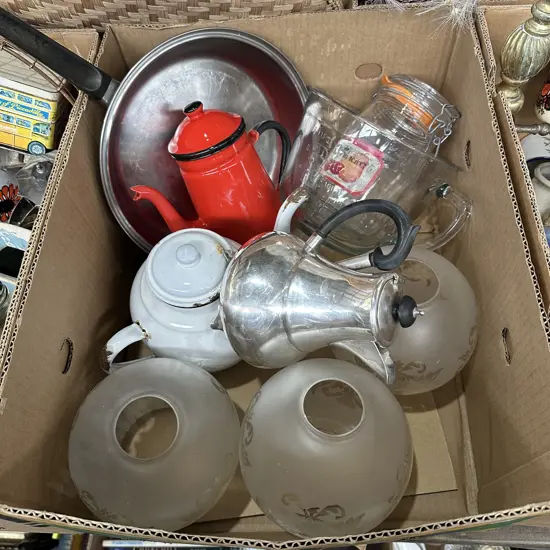 Box lot large glass measuring jug, enamel tea pots etc.