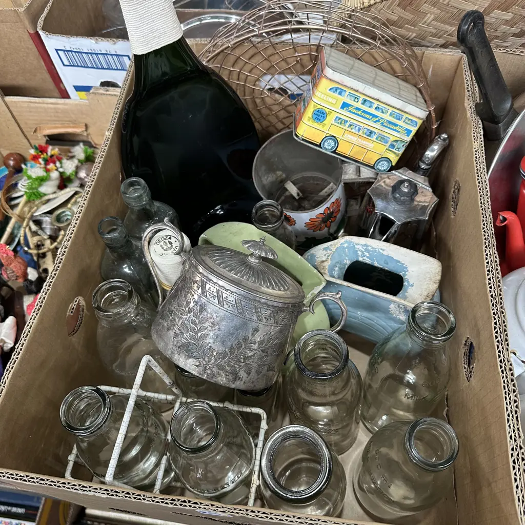 Box lot of collectables including milk and cream bottles, silverware etc. Image 1++