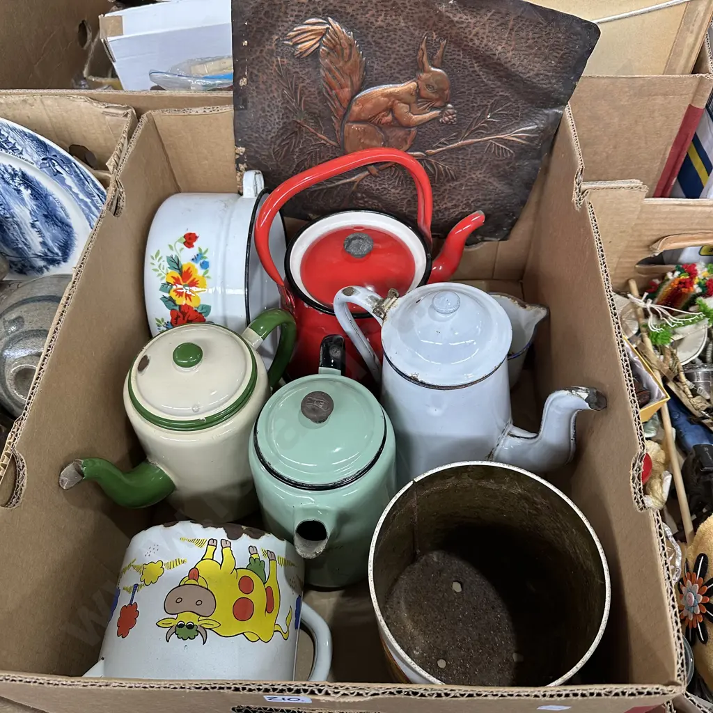 Box lot of enamelware tea pots and copper art etc. Image 1++