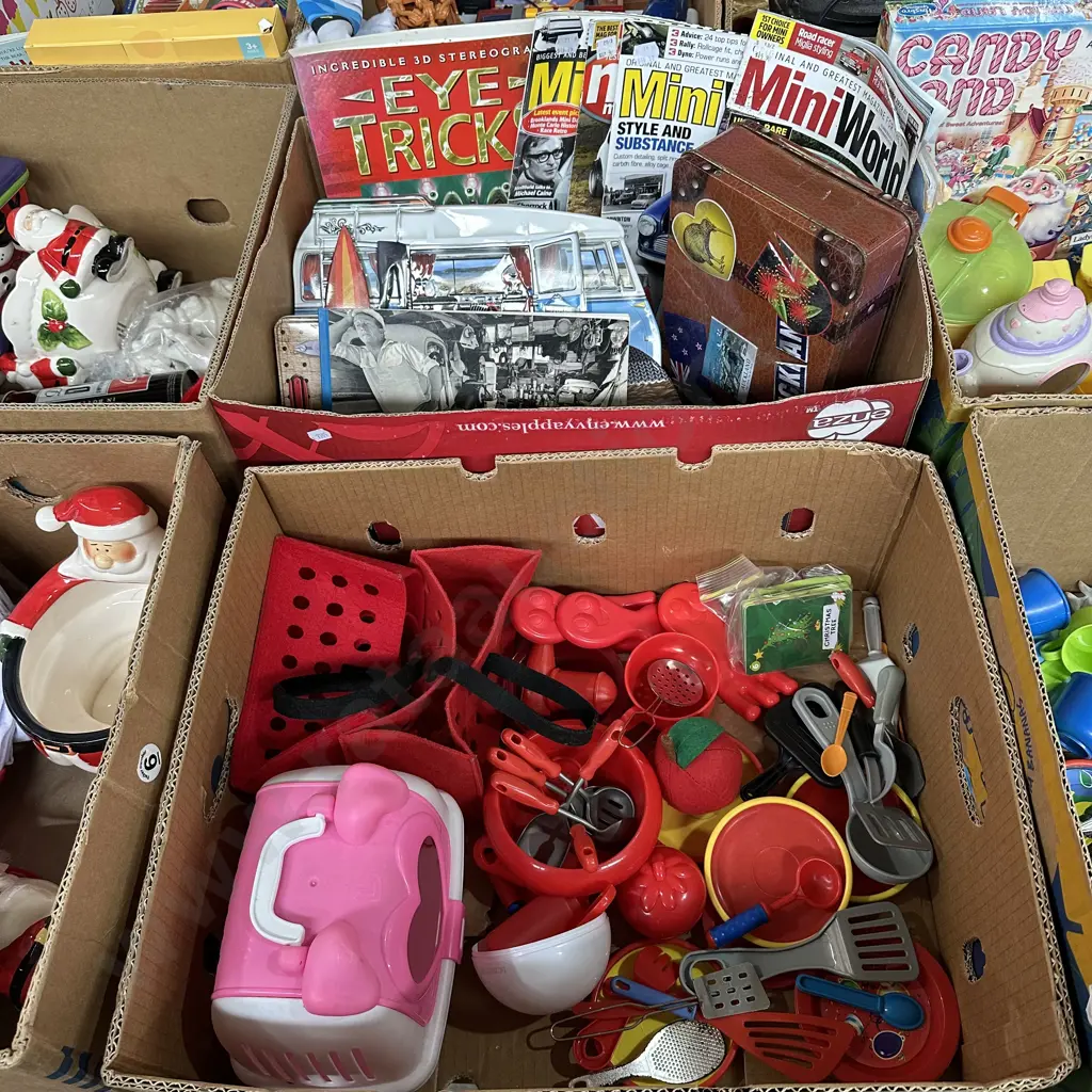 Two boxes of childrens toys, tins, books and magizines. Image 1++