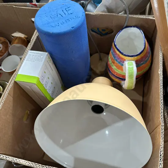 Box lot hanging light, Italian jug, remote controlled sockets etc.