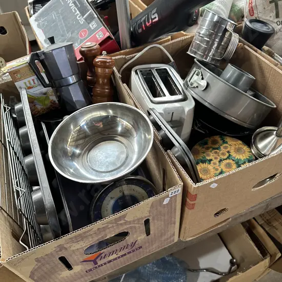 Two boxes baking, scales, toaster etc.