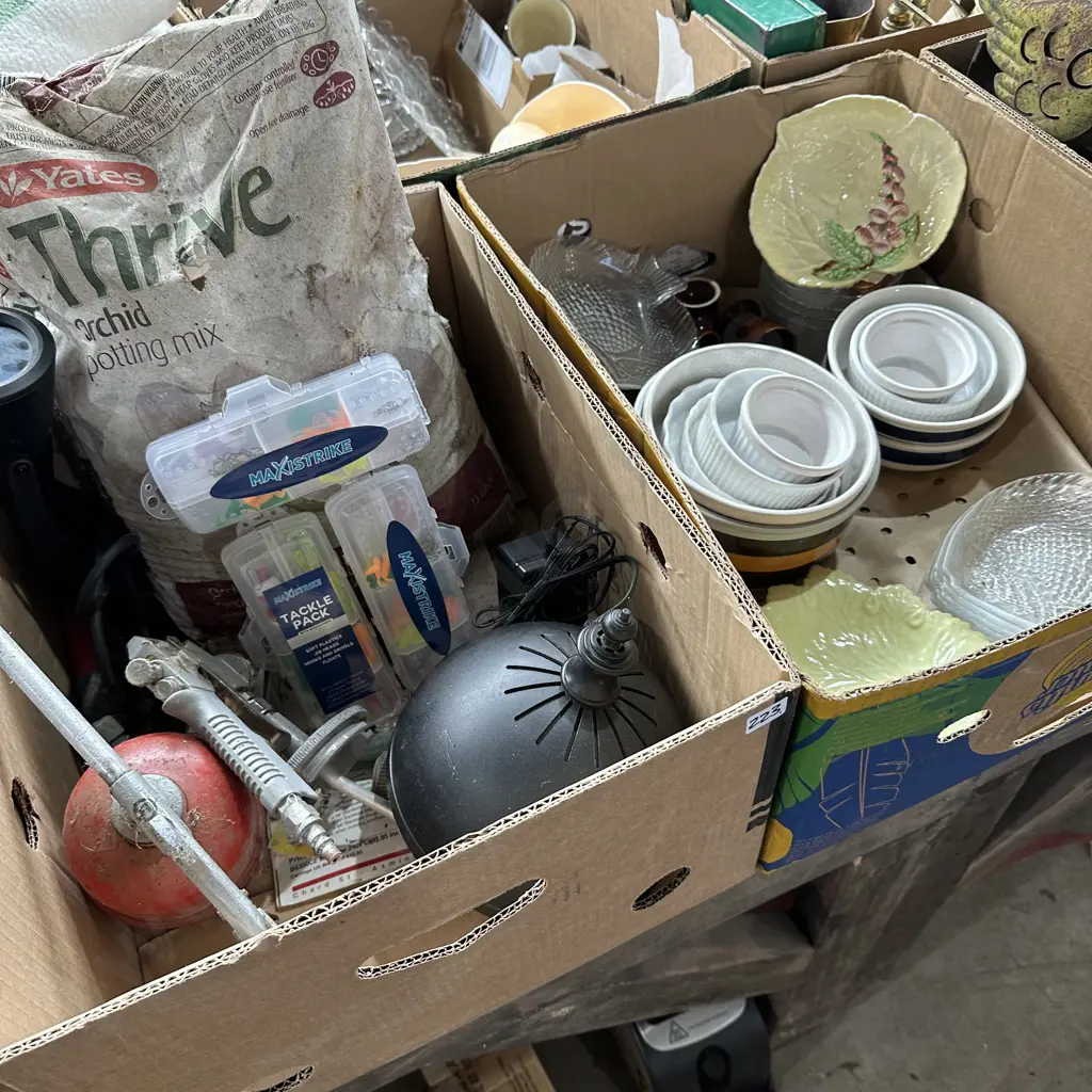 Two boxes fishing tackle packs, orchid potting mix, carltonware plate etc. Image 1++