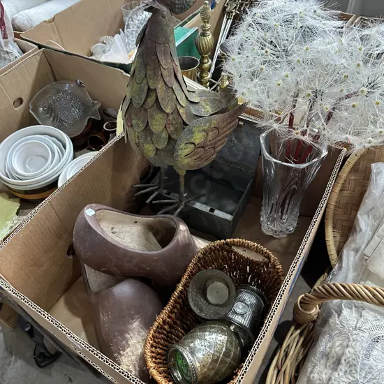 Box lot metal chicken art, crystal vase etc.
