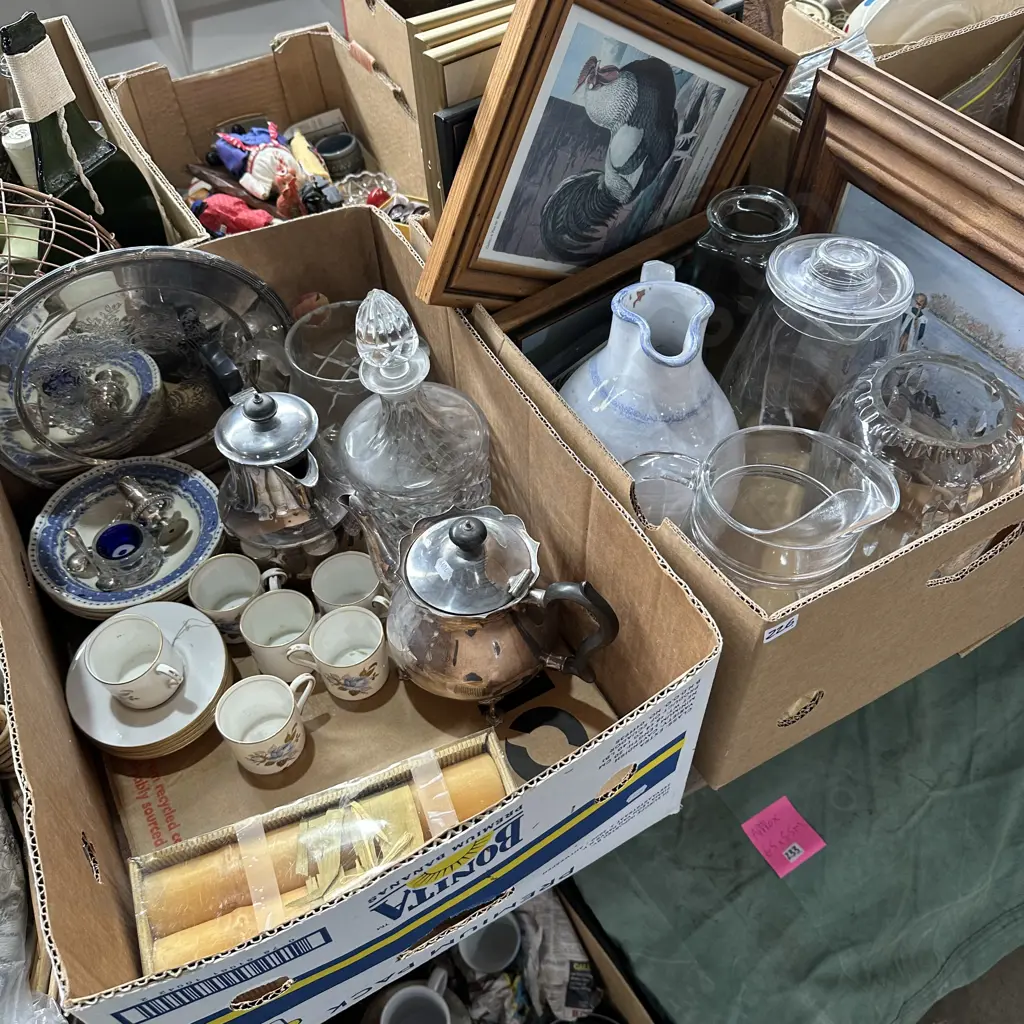 Two boxes  pictures, vases, decanter, silverware etc. Image 1++