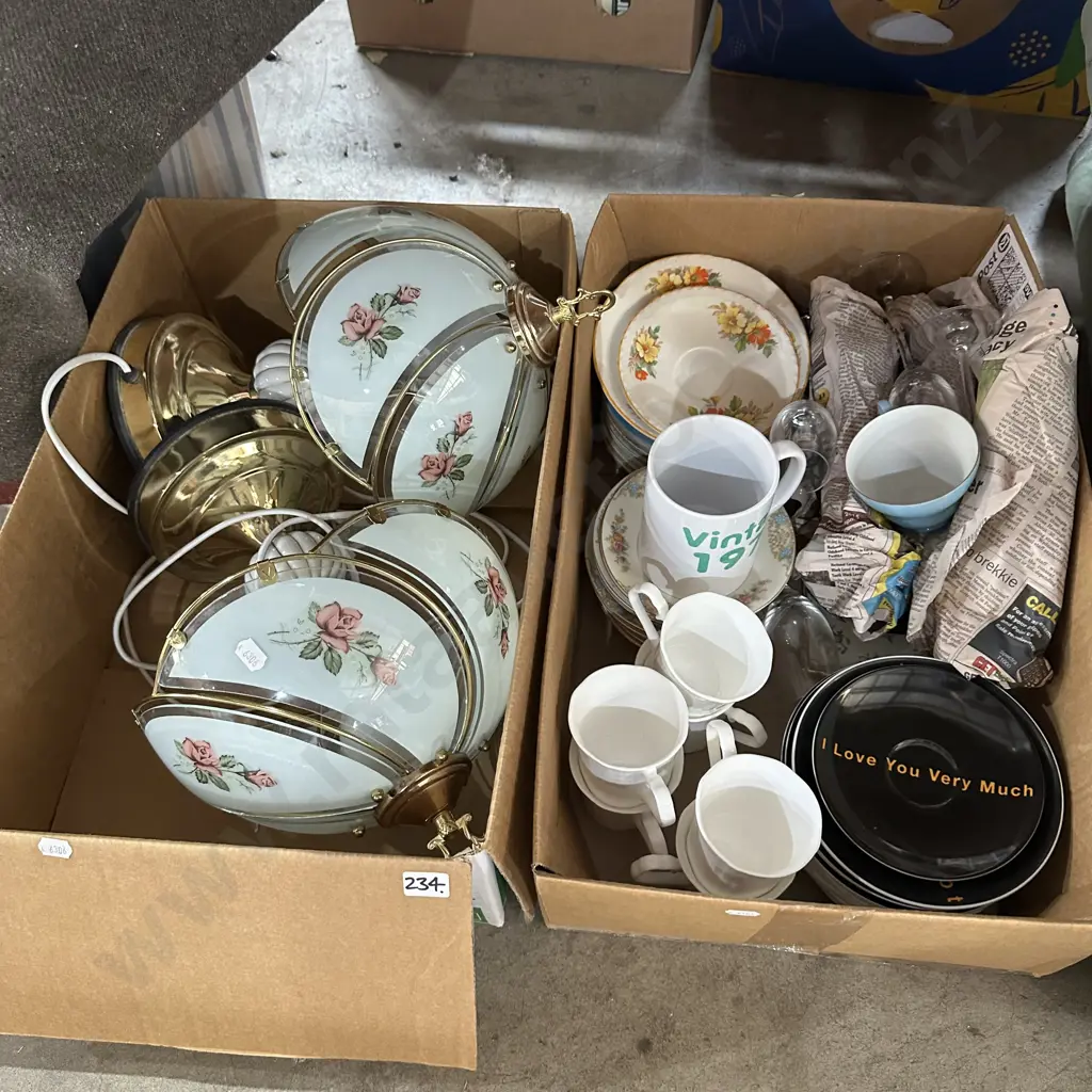 Two boxes pair of touch lamps, plates, cups and saucers etc. Image 1++