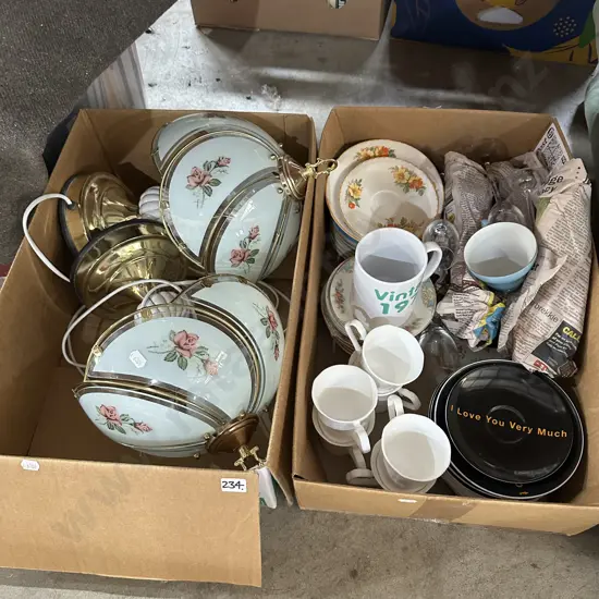 Two boxes pair of touch lamps, plates, cups and saucers etc.