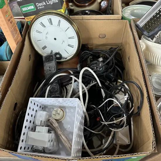 Box lot of electrical plugs and leads etc. plus large heater