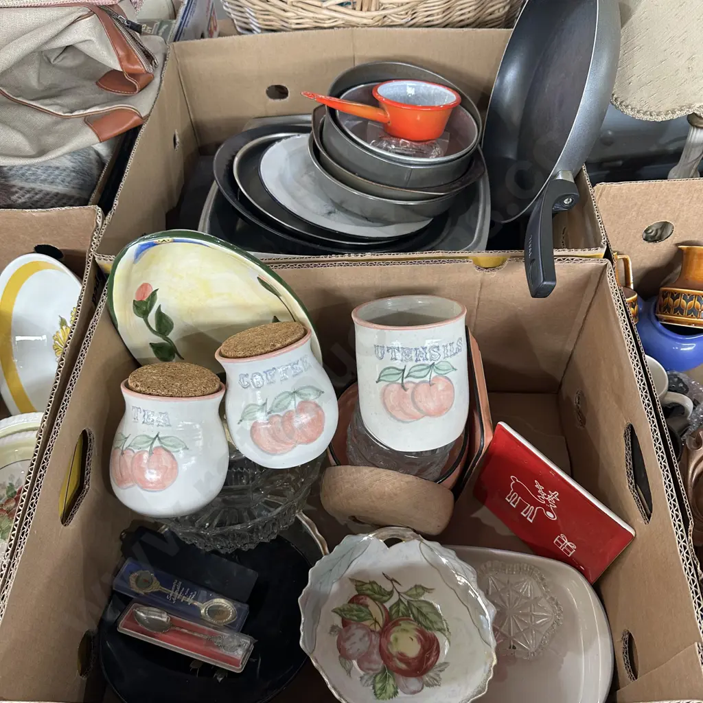 Two boxes  frying pan, vintage canisters etc. Image 1++