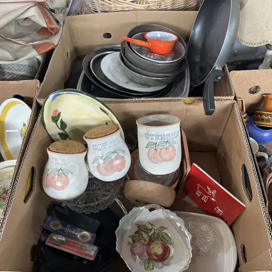 Two boxes  frying pan, vintage canisters etc.