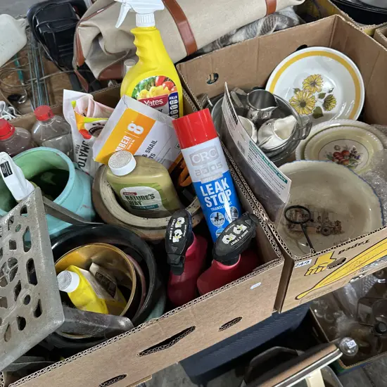 Two boxes gardening, crown lynn bowl and Johnson bros china etc