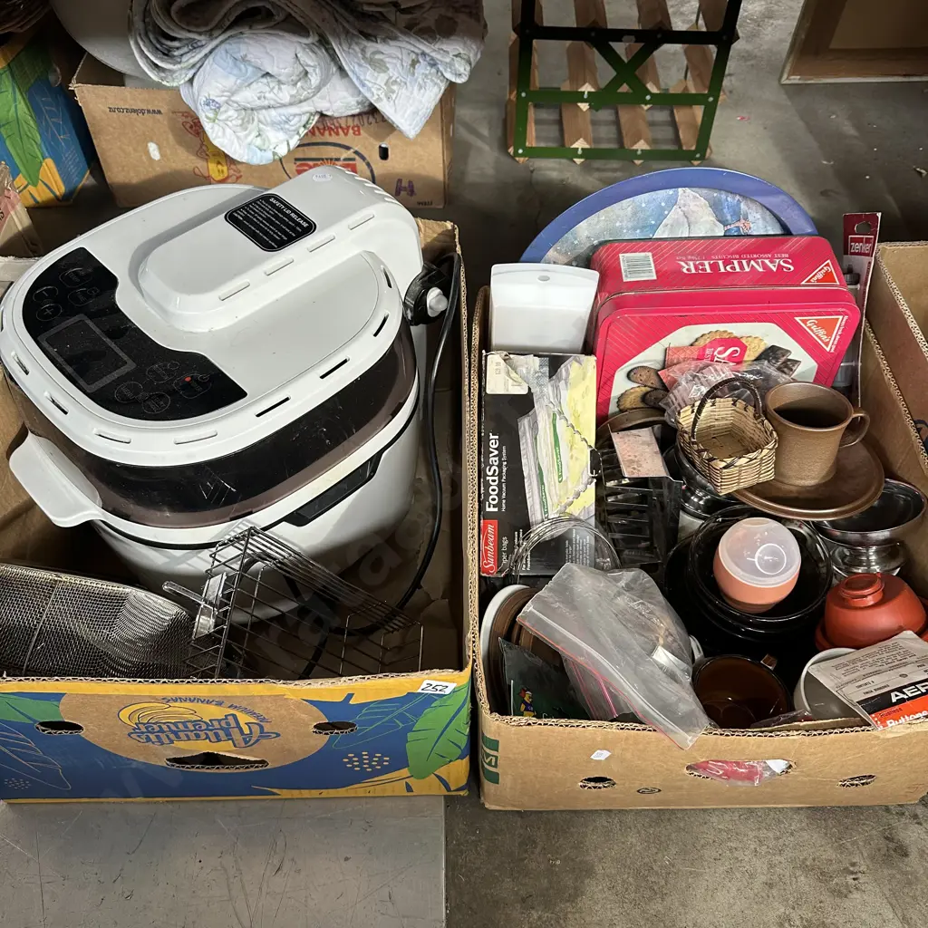 Two boxes air fryer, temuka cup and saucers etc. Image 1++