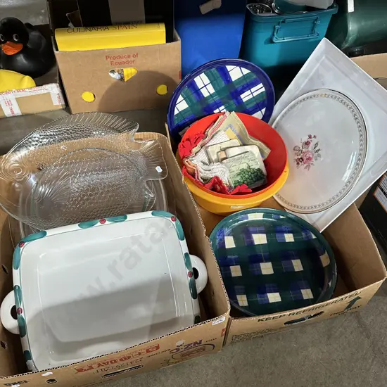 Two boxes Temuka and fish server plus others.
