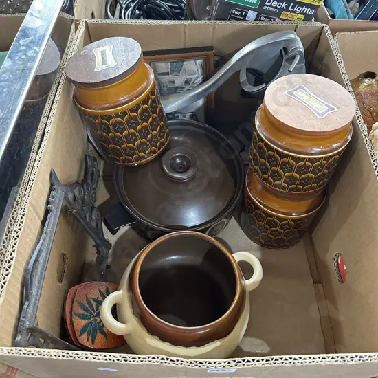 Box lot vintage lidded casserole dish and Hornsea canisters, juicer etc.