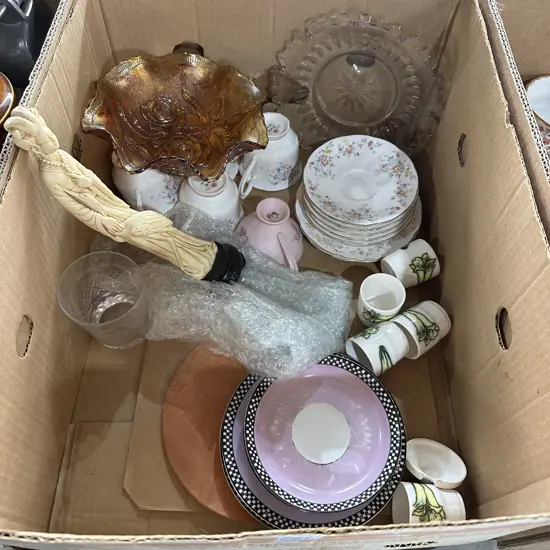 Box lot china and carnival glass bowl etc.