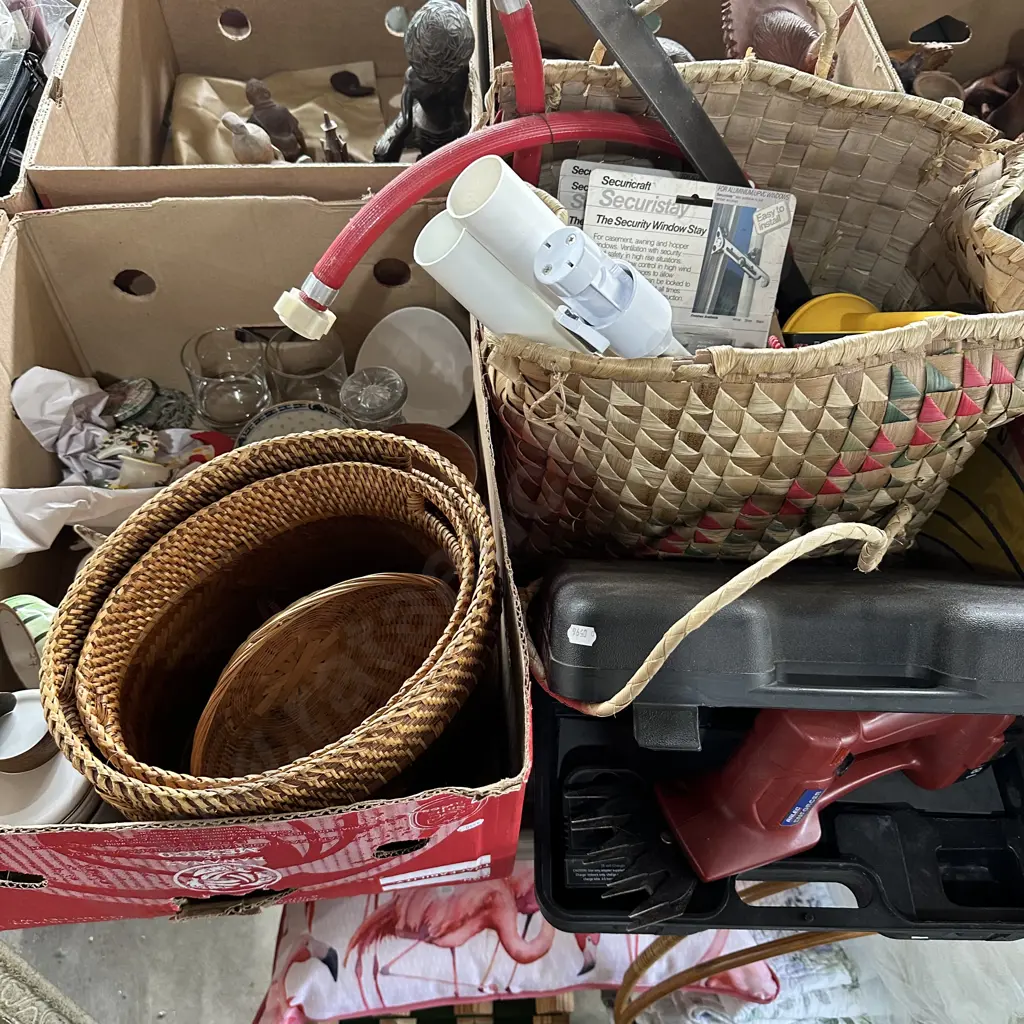 Basketware, 18v cordless garden trimmer, window security stays etc. Image 1++