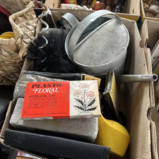 Box lot vintage watering can plus floral art items and a picnic set etc.